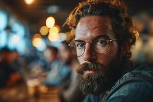 ai generado un elegante barbado hombre con lentes mirando contemplativo en el ambiente ligero de un casual cafetería. foto