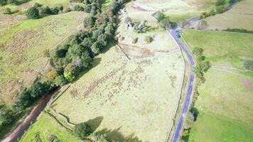 Aerial view of a winding road through green countryside with fields and trees. video