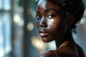 AI generated Close-up portrait of a woman with striking facial features, highlighted by natural light photo