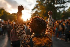 AI generated Backlit silhouette of a man with raised fist during a peaceful protest at sunset. photo