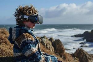 AI generated Child in a warm knitted sweater experiences a virtual reality world against a backdrop of sea and sky photo