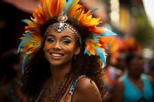 ai generado vibrante carnaval bailarín sonriente con un vistoso pluma tocado y cara pintar foto