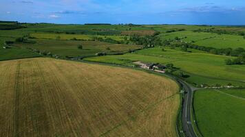 Antenne Aussicht von üppig Landschaft mit Wicklung Straße und Ackerland. video