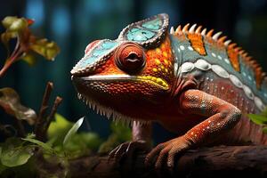 AI generated Colorful chameleon on dark background. Close-up. photo