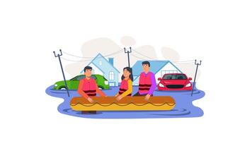 Volunteers on rescue boats help people at home. Emergency. People trapped in flood in a 2D-color animated scene video