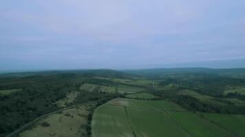 antenn se av frodig grön landsbygden med patchwork fält under en molnig himmel. video
