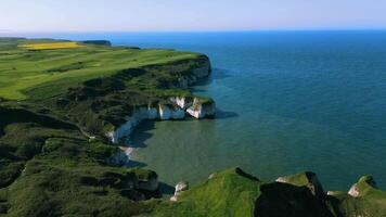 Aerial view of a scenic coastline with lush green cliffs and clear blue sea under a sunny sky. video