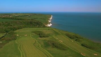 Aerial view of a lush coastline with white cliffs meeting the blue sea under a clear sky. video