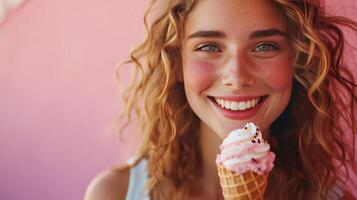 ai generado un joven dama saboreando un hielo crema cono, su sonrisa radiante puro alegría dentro el cámara lente foto