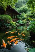 ai generado un tranquilo jardín con koi pescado nadando graciosamente en un pacífico estanque foto