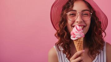 AI generated A young lady savoring an ice cream cone, her smile radiating pure joy into the camera lens photo