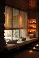 AI generated A tranquil spa setting with warm, ambient lighting and plush relaxation areas photo