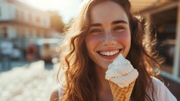 AI generated A young lady savoring an ice cream cone, her smile radiating pure joy into the camera lens photo