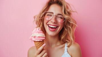 AI generated A woman with an ice cream cone, her carefree expression capturing the moment's bliss photo