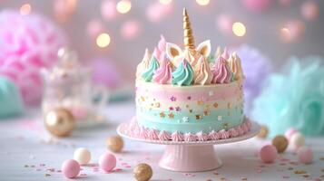 AI generated A whimsical unicorn-themed cake featuring pastel colors and golden accents against a simple backdrop photo