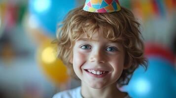 ai generado un con los ojos muy abiertos cumpleaños Niños mueca revela el escarpado deleite de un inesperado celebracion foto