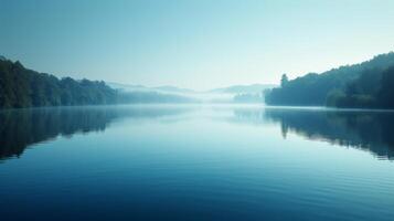 ai generado calma aguas en sombras de azul espejo el serenidad de un pacífico orilla del lago escena foto