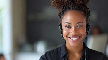 ai generado un cliente Servicio representante da la bienvenida personas que llaman con un amigable, servicial sonrisa foto