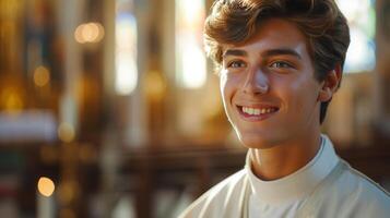 ai generado un joven sacerdote, radiante calor y compasión, sonriente dentro el santificado paredes de el Iglesia foto