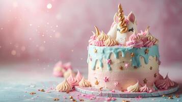 AI generated A whimsical unicorn-themed cake featuring pastel colors and golden accents against a simple backdrop photo