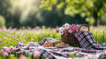 ai generado un tartán frazada, un cesta de golosinas, y floreciente flores para un festivo picnic foto