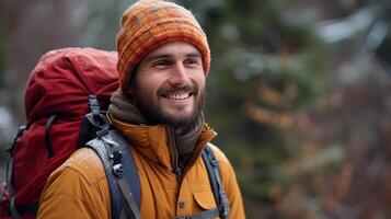 AI generated An elated outdoors enthusiast, his cheerful face telling a story of adventure photo