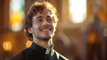 ai generado un joven sacerdote, radiante calor y compasión, sonriente dentro el santificado paredes de el Iglesia foto