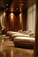 AI generated A tranquil spa setting with warm, ambient lighting and plush relaxation areas photo