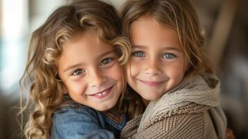 AI generated Siblings share a heartwarming moment, their smiles echoing the love between them. photo