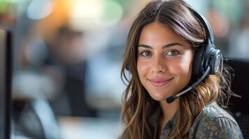 AI generated A customer service representative welcomes callers with a friendly, helpful smile photo