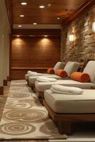AI generated A tranquil spa setting with warm, ambient lighting and plush relaxation areas photo