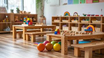 ai generado pronto educación programas, aulas son a menudo amueblado con de madera mueble y educativo materiales foto