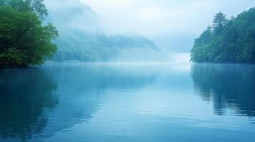 ai generado calma aguas en sombras de azul espejo el serenidad de un pacífico orilla del lago escena foto