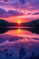 AI generated Warm oranges, pinks, and purples reflect the serene beauty of a tranquil lake at sunset photo