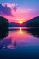 AI generated Warm oranges, pinks, and purples reflect the serene beauty of a tranquil lake at sunset photo