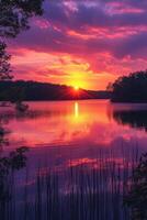 AI generated Warm oranges, pinks, and purples reflect the serene beauty of a tranquil lake at sunset photo