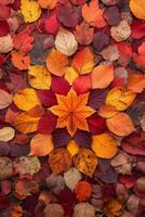 ai generado otoñal caleidoscopio. un mosaico de rojo, naranja, y oro hojas formas un resumen representación de el otoño temporada foto