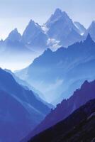 AI generated Majestic peaks in cool blues and purples convey the grandeur of towering mountain ranges photo