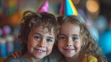 AI generated Siblings' beaming smiles showcase their bond during a memorable joint birthday party photo