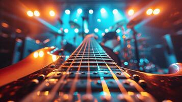 AI generated Rock n Roll Revival. Guitar fretboards, drumsticks, and stage lights in a dynamic rock concert setting photo