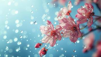 AI generated Pastel raindrops and flowers gently falling against a sky-blue backdrop photo