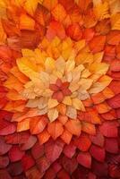 AI generated Autumnal Kaleidoscope. A mosaic of red, orange, and gold leaves forms an abstract representation of the fall season photo