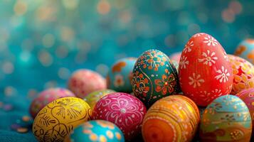 AI generated Colorful and ornate Easter eggs in a joyful, chaotic arrangement photo