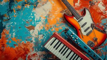 AI generated A fusion of musical instruments and funky patterns in a vibrant, retro color scheme photo