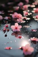 AI generated Delicate cherry blossoms falling gently on a calm pond's surface photo