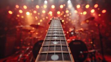 AI generated Rock n Roll Revival. Guitar fretboards, drumsticks, and stage lights in a dynamic rock concert setting photo