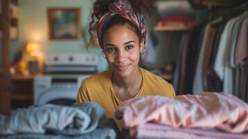 ai generado un contenido mujer, plegable lavandería con precisión, creando ordenado pilas de ropa foto