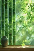 AI generated A play of subtle greens and soft bamboo textures convey the serenity of a bamboo grove photo
