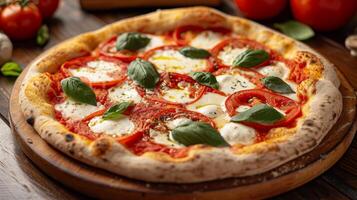 AI generated A classic Neapolitan pizza, adorned with tomatoes, mozzarella, basil, and olive oil photo