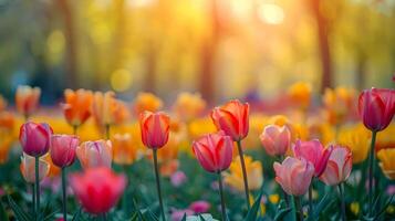 ai generado un ligeramente borroso antecedentes de un primavera parque con floreciente arboles y vibrante tulipanes foto